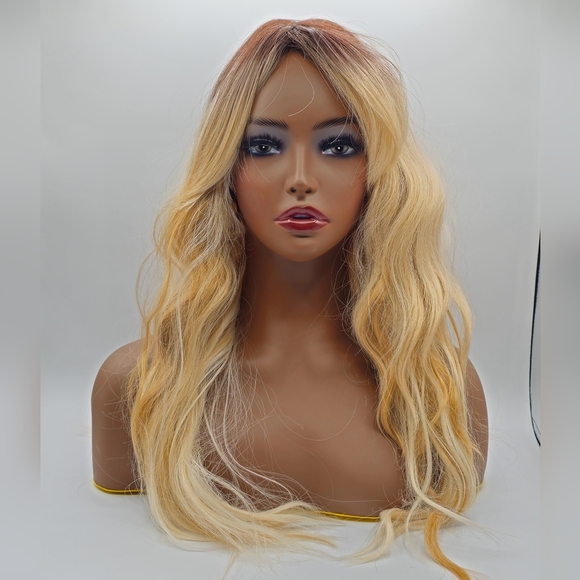 Golden Wheat Blonde & Brown Shadow Root Long Wavy Synthetic Wig - Picture 8 of 9